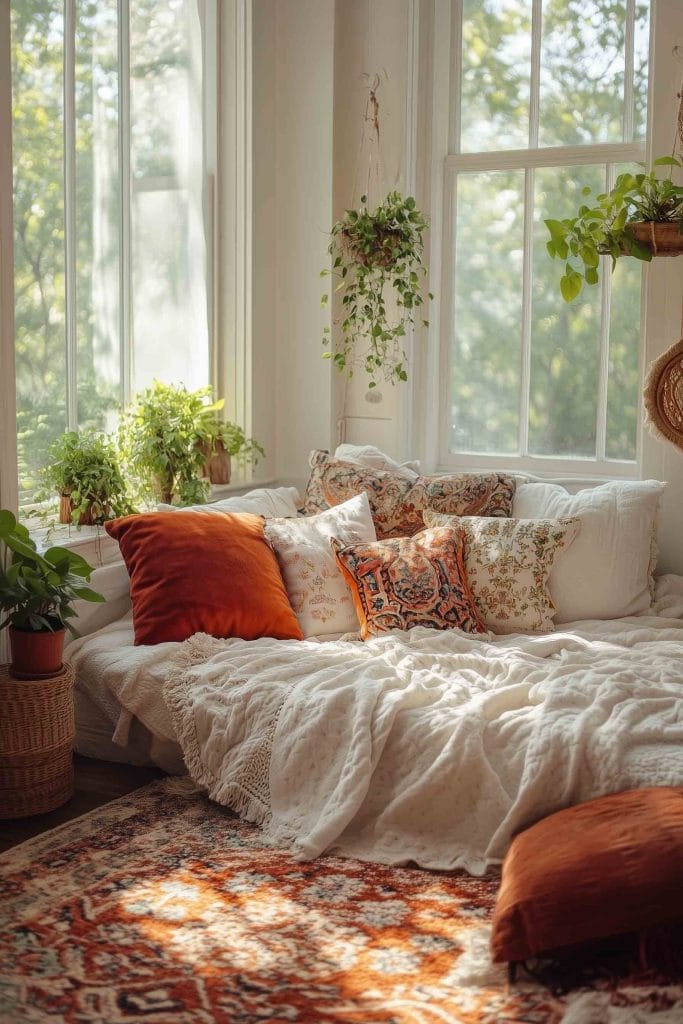 A bright and inviting corner of a bedroom or lounge space, with a white bed or daybed covered in an assortment of floral and orange throw pillows. The room is filled with natural light from large windows, and plants on the windowsill and hanging planters add greenery to the peaceful space