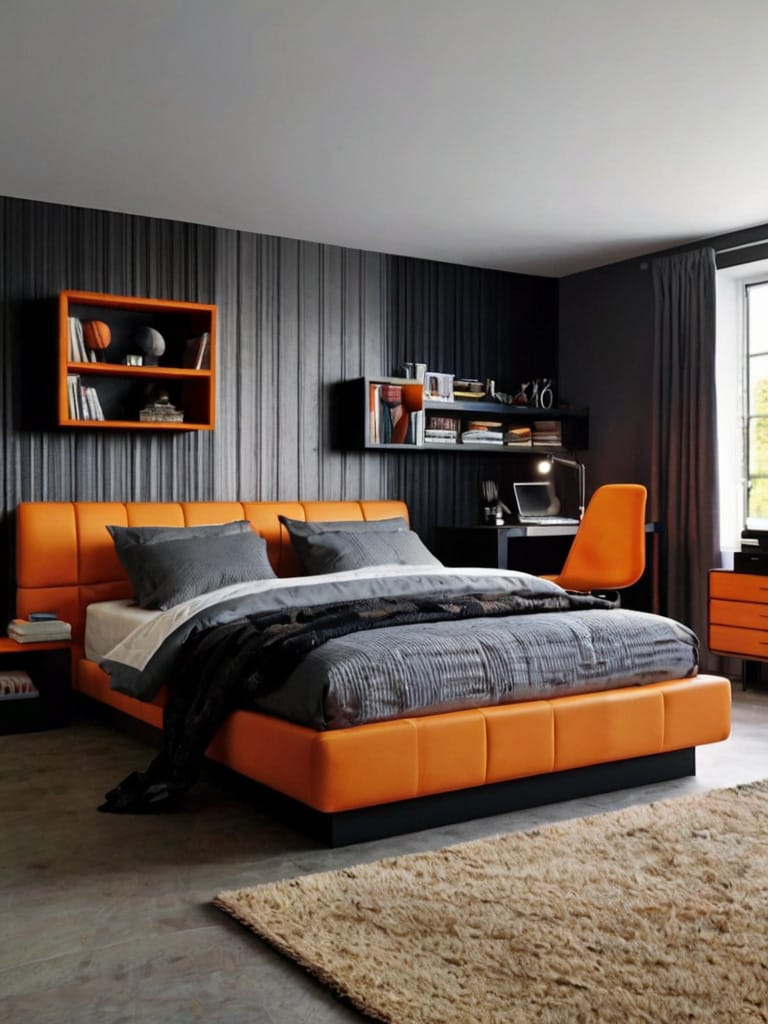 Sleek bedroom with an orange bed frame and minimalistic black-and-gray decor.