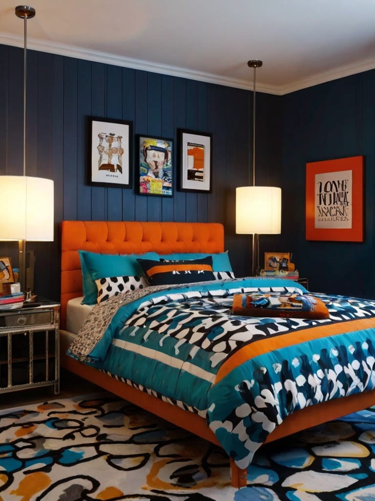 Bedroom with deep blue walls, orange bed, and abstract wall art with bold patterns.