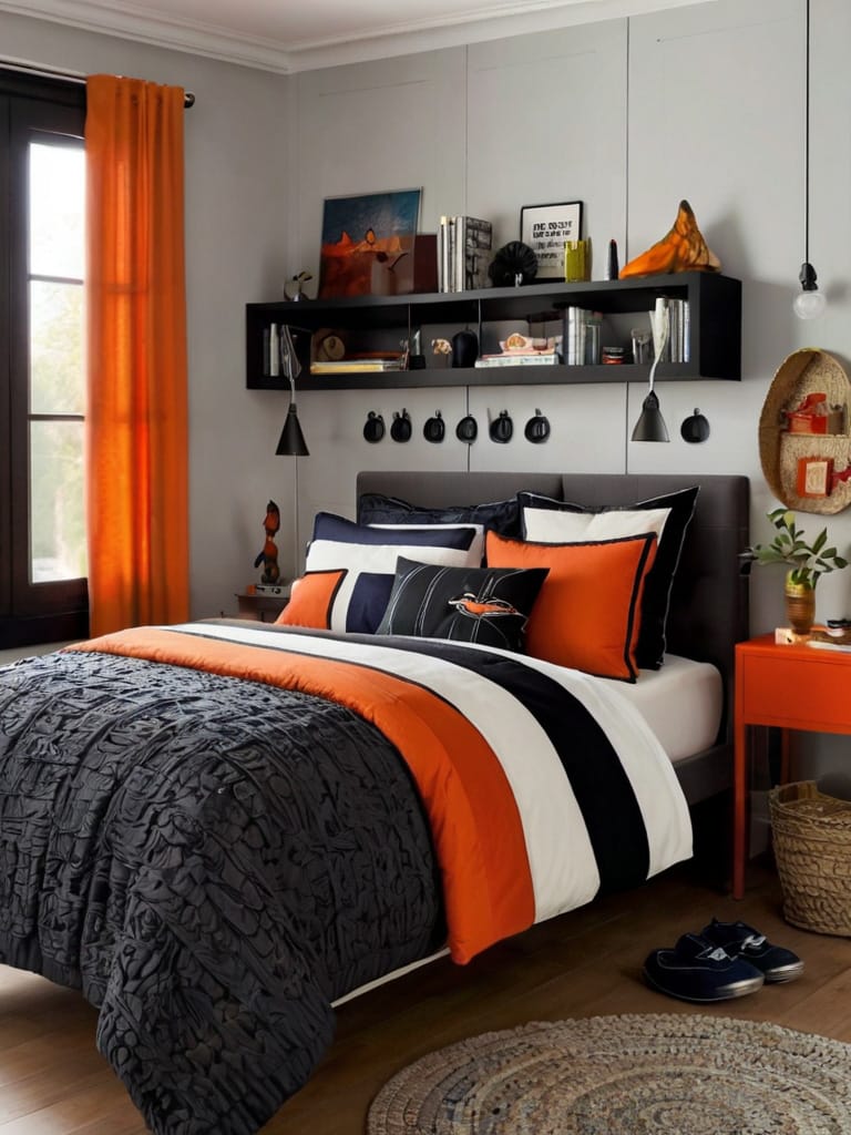 Bedroom with deep blue walls, orange bed, and abstract wall art with bold patterns