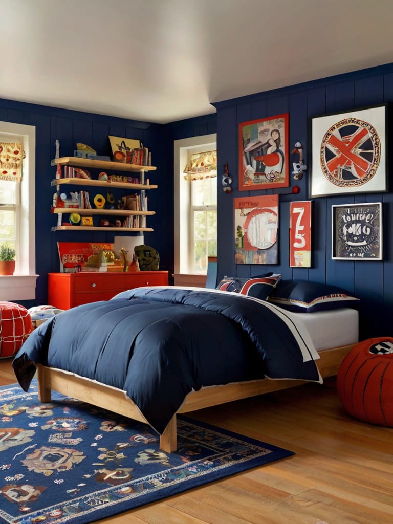 Bold navy and red bedroom with artwork, colorful shelves, and a cozy bedspread.