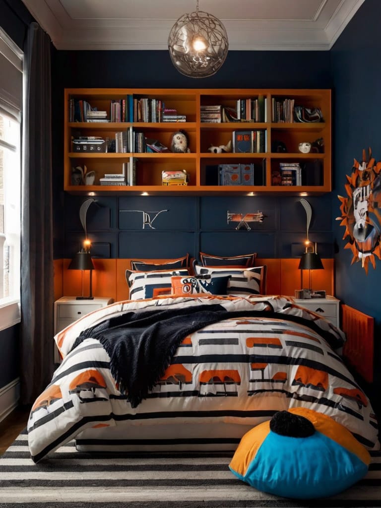 Teen bedroom with orange and blue color scheme, featuring vibrant bedding and wall art.