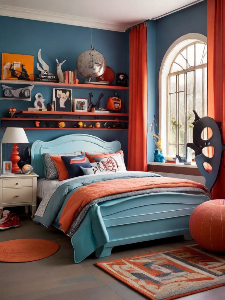 Teen bedroom with gray walls and sleek orange furniture, creating a modern and stylish space.