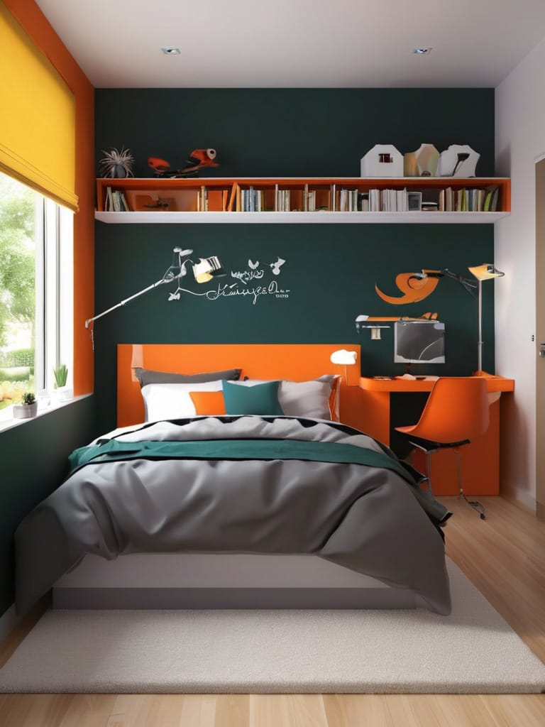 Teen bedroom with a mix of orange, black, and white, featuring playful decor and modern design.