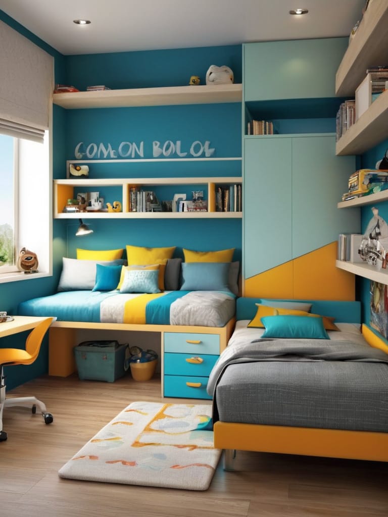 A teen bedroom with dual sleeping areas, featuring yellow and turquoise accents and built-in storage.