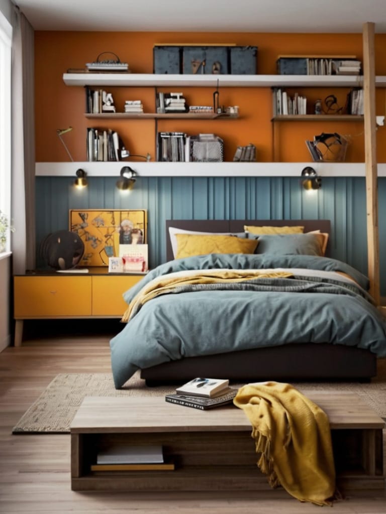 A bedroom with orange and teal color palette, featuring open shelves for books and decor.