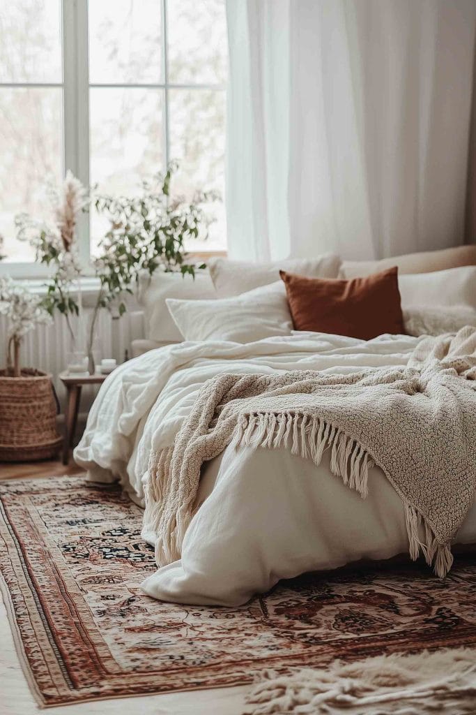 A serene and minimal bedroom with white bedding layered with a soft beige throw blanket. The bed sits atop a richly patterned rug with intricate designs in muted colors. Soft natural light pours through a large window, illuminating the greenery and flowers placed in wicker baskets, which add warmth and texture to the tranquil space.