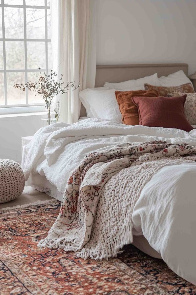 A minimalist bedroom styled with white bedding and warm, earthy-toned pillows and throws. A bouquet of dried flowers in a simple vase adds a rustic touch, while natural light from a large window softens the room's cozy and understated design.