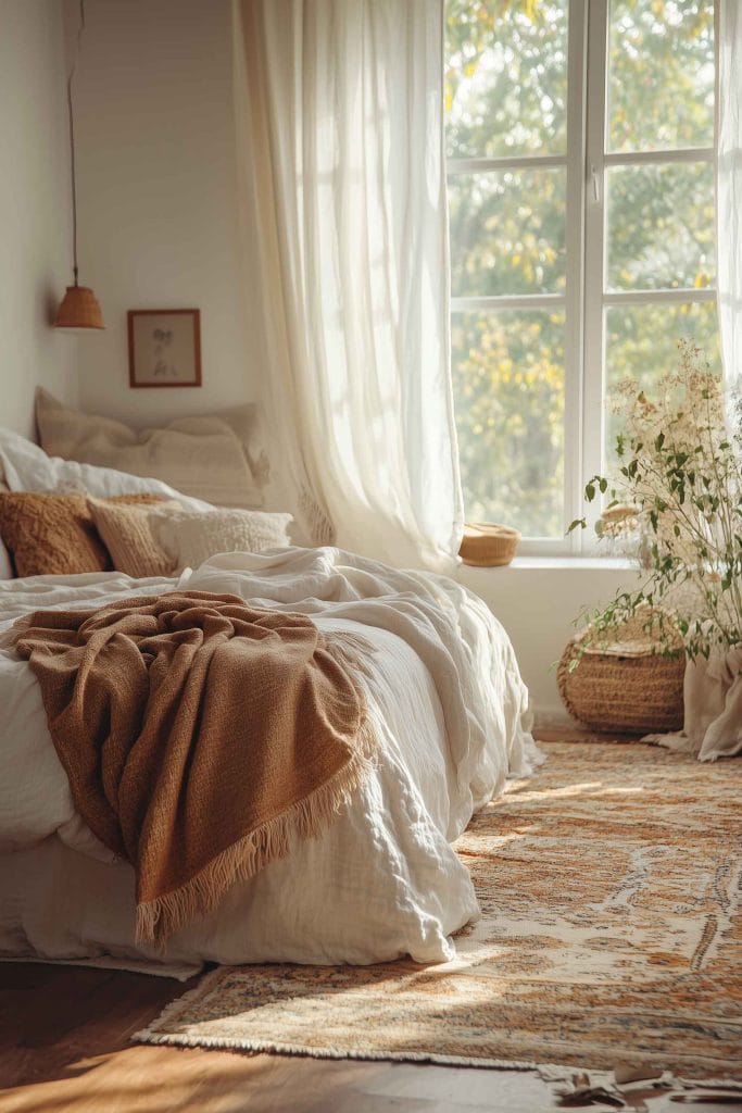 A cozy bedroom filled with soft morning light, featuring a white bed with fluffy pillows and a brown throw blanket. The floor is adorned with layered rugs in warm tones, complementing the natural wicker baskets and dried flowers that add texture and an organic feel to the room. Light curtains gently flow beside a large window.