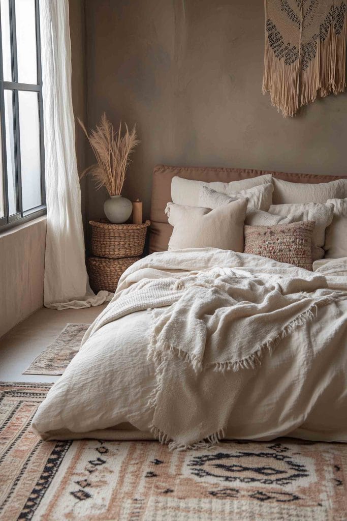 A warm and neutral-toned bedroom, featuring soft beige bedding layered with textured throws. A macramé wall hanging adds a boho aesthetic, while natural light filters in through sheer curtains, illuminating dried floral arrangements and woven baskets in the space.