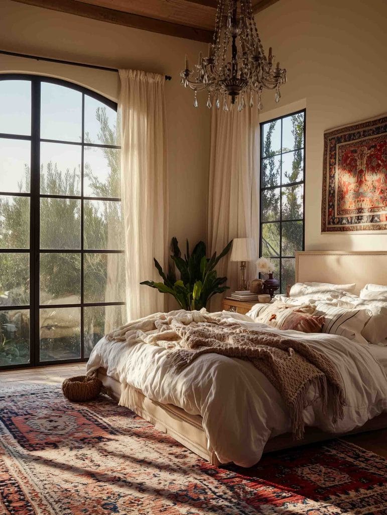 An elegant bedroom with a warm and earthy color scheme, featuring a large, plush bed draped with a knitted throw and surrounded by rich textures. The layered rugs underfoot add depth to the room, with bold patterns and colors. Sunlight streams through tall, arched windows, highlighting the greenery and providing a calm, restful atmosphere.