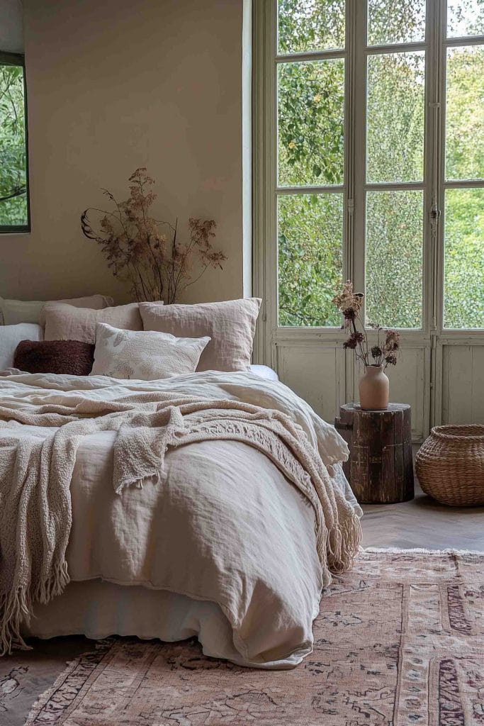 A serene bedroom with neutral tones and soft textures. The bed is layered with creamy beige linens and soft pillows. The large window offers a view of greenery, adding to the natural and peaceful ambiance of the room, enhanced by a minimalistic floral arrangement on a rustic side table.