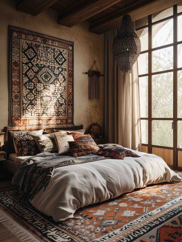 A rustic bedroom showcasing a large bed with neutral-toned linens and a collection of bohemian-style patterned pillows. The floor is decorated with an orange and beige patterned rug, adding richness and texture to the room. A large woven wall hanging is placed above the bed, complemented by soft lighting filtering through wooden window frames.