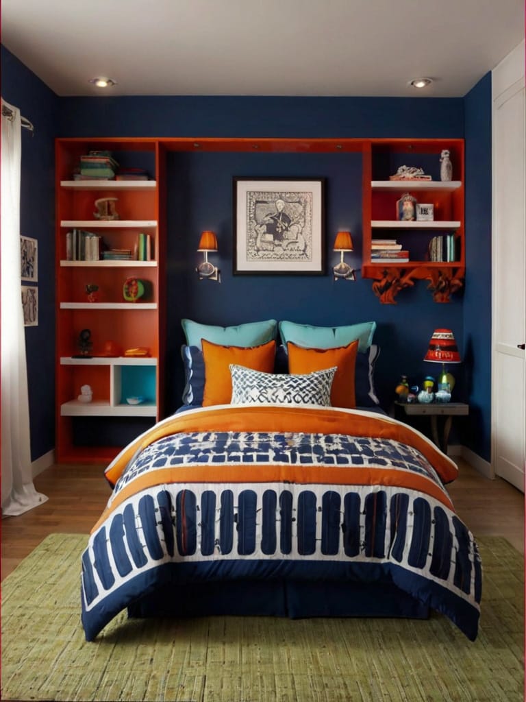 A bedroom with navy blue and orange color scheme, featuring built-in shelves around the bed.