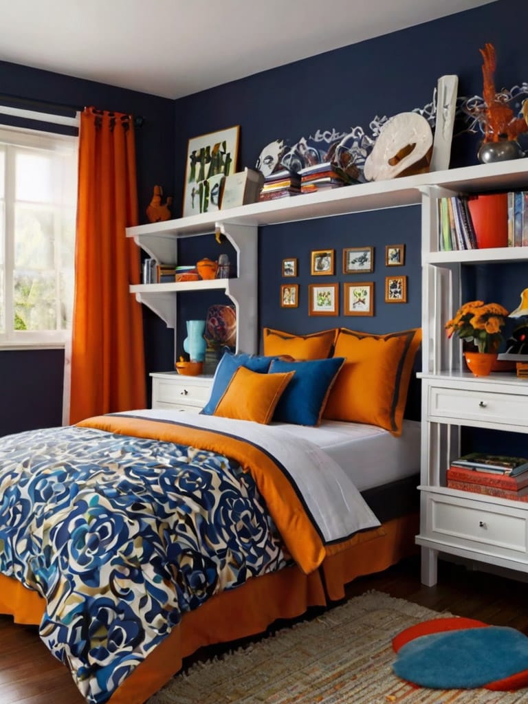 A bedroom featuring orange and blue colors with unique art and a structured shelving unit above the bed.