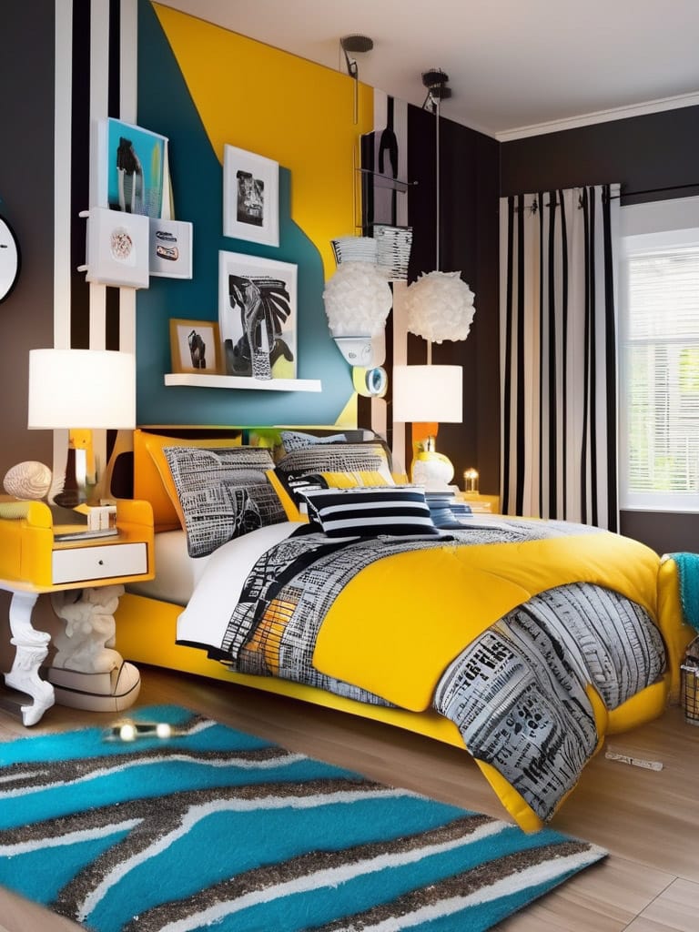 A bedroom with bold patterns, bright yellow accents, and a mix of stripes and abstract art.