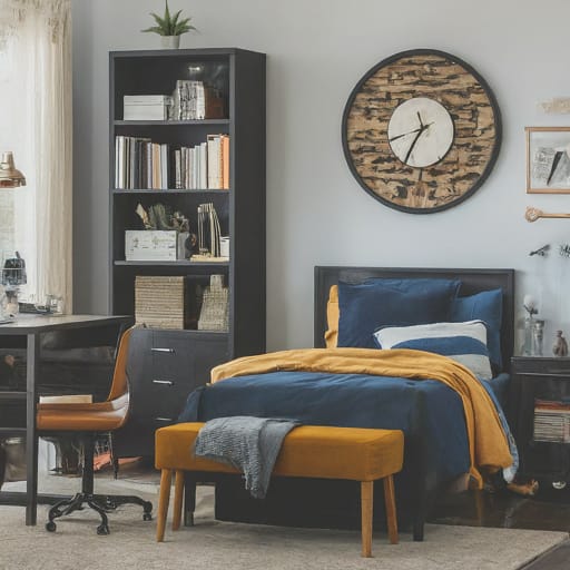 A bedroom with a large rustic clock above the bed, navy bedding with mustard accents, and dark wood furniture.