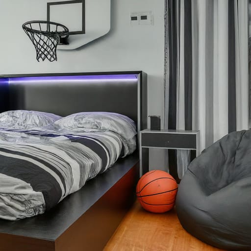 A bedroom with a basketball hoop above the bed, black and white striped bedding, and a glowing LED headboard.