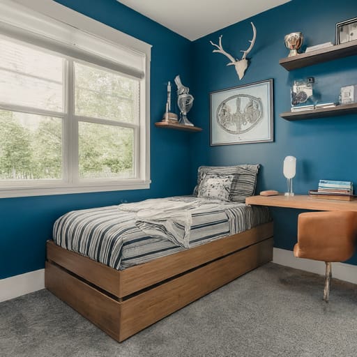 A bedroom with a blue wall, decorative antlers, a single bed with striped bedding, and floating shelves.