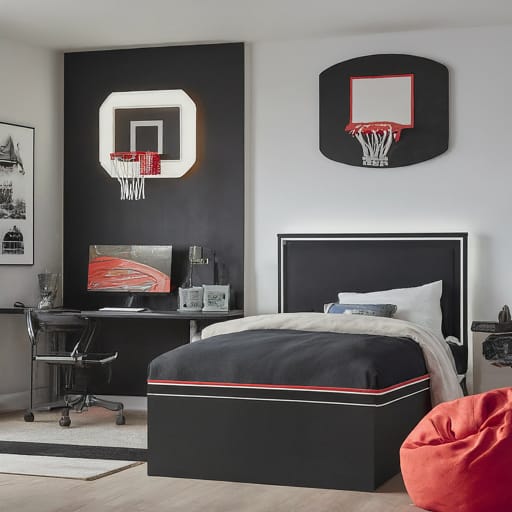 Bedroom with basketball hoop decor, black and red theme, and modern furniture.