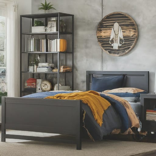 Bedroom with basketball hoop decor, black and red theme, and modern furniture.