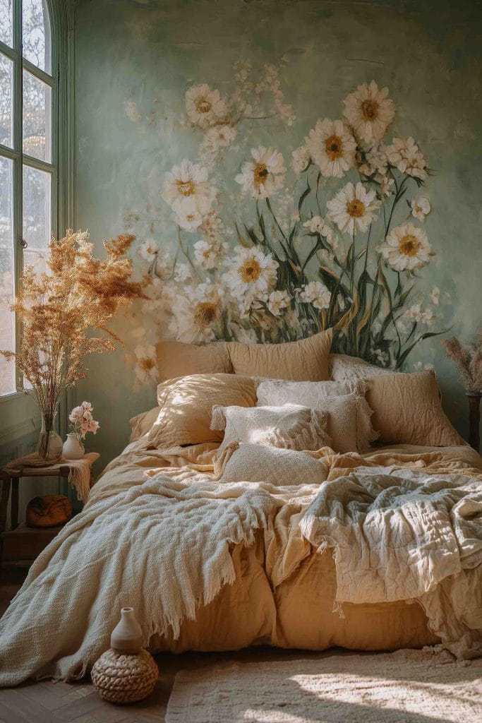 A serene bedroom with a floral mural featuring large white daisies blooming on a soft green wall, enhancing the cozy vibe of the room. The bed is adorned with beige, textured bedding, matching the earthy tones of the room. Dried flowers and soft lighting add a boho charm to the space.