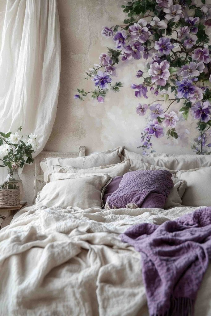 A peaceful bedroom decorated with a soft, pastel floral mural on the wall. The bed is covered in layers of light gray and pastel purple linens, with a matching purple throw blanket. A large window lets in natural light, illuminating the floral mural and the neutral decor, giving the room a soft and soothing ambiance.