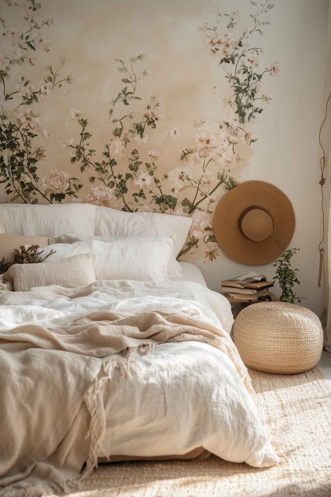 A cozy bedroom with beige and cream tones, featuring a soft bed with white and linen bedding. The wall is adorned with delicate floral mural designs in beige and cream, with green leaves. A woven hat and ottoman complement the natural, bohemian aesthetic, and a few books and small plants are placed beside the bed for a cozy, relaxed ambiance.