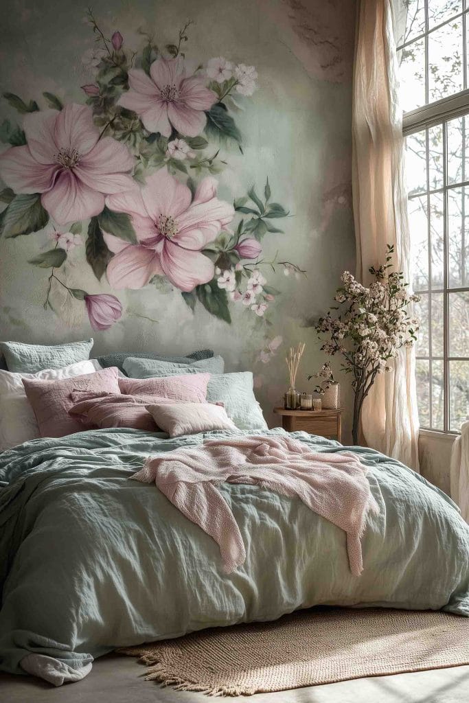 A beautifully designed bedroom featuring a large mural of light pink flowers and lush greenery. The bed is dressed in pale green bedding with pink accents, and a textured woven rug lies on the floor. Soft, filtered sunlight enters through the tall window, enhancing the natural tones and the serene, botanical theme of the room.