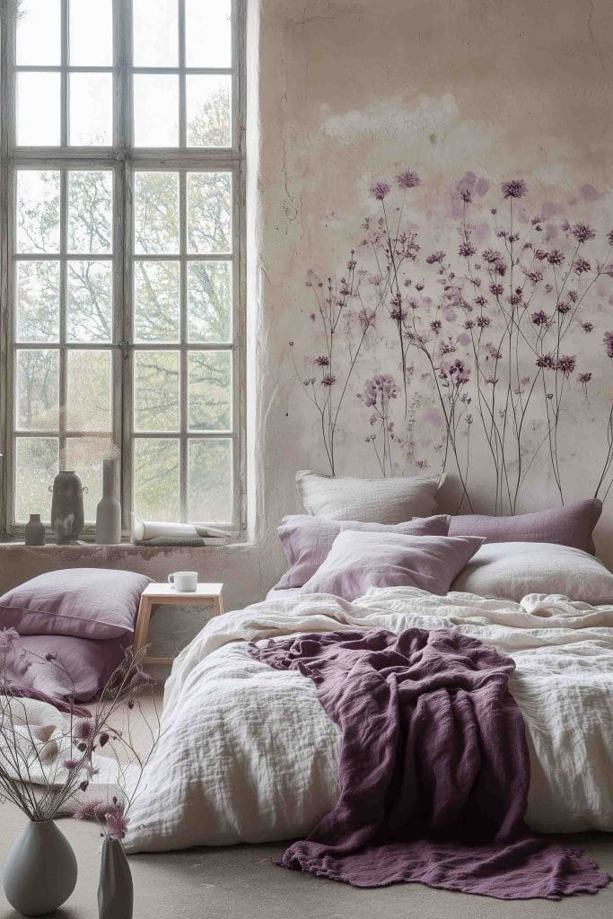 A serene bedroom bathed in natural light from a large window. The bed is styled with light purple and white linens, with an accent blanket in deeper purple shades. Behind the bed is a whimsical mural of thin, delicate purple flowers climbing the wall, creating a tranquil and artistic atmosphere.