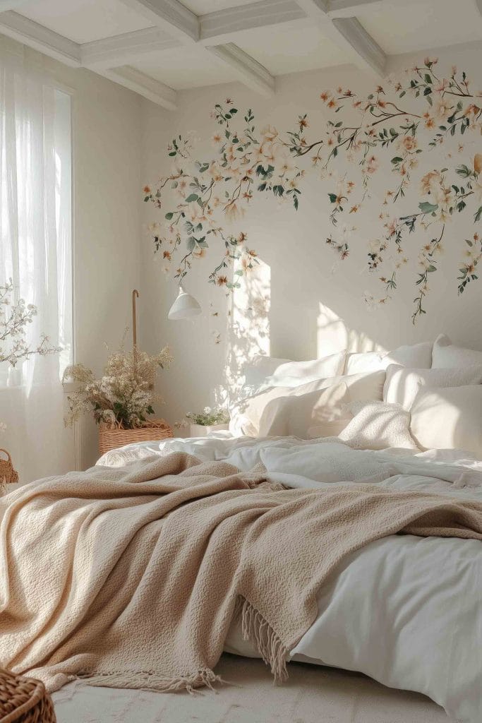 A bright and airy bedroom with a minimalist design. The focal point is a delicate floral wall decal with soft, neutral-colored flowers flowing across the wall. The bed is covered with cozy white linens and a beige throw, with natural light streaming in through sheer curtains, giving the room a calm and peaceful atmosphere.