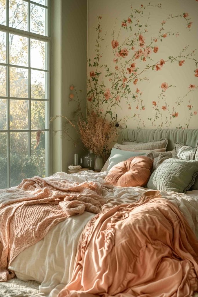 A vibrant bedroom with soft peach and orange hues. The bed is covered in a mix of green and peach pillows and throws, creating a lively and warm ambiance. The wall features a floral mural in shades of peach and pink, adding to the room’s cozy and natural feel. The sunlight coming through the large window enhances the calm yet cheerful mood