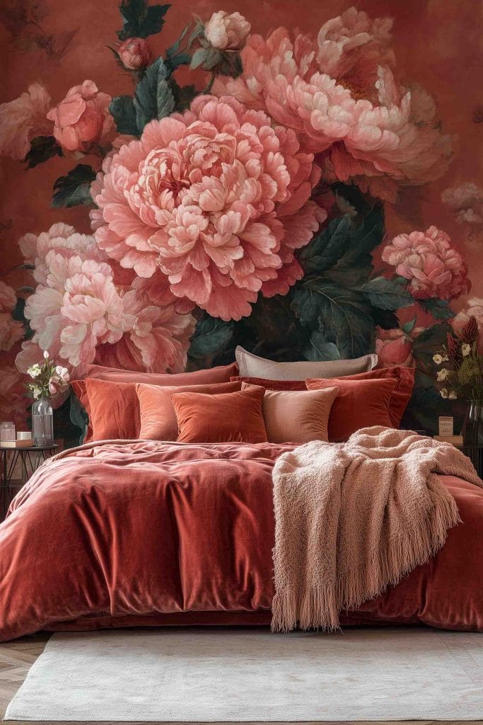 A luxurious bedroom with a bold and dramatic wall mural featuring large pink peonies in full bloom. The bed is draped in plush, deep coral velvet bedding, creating a rich and warm atmosphere. A matching textured throw adds extra coziness to the elegant and romantic decor.