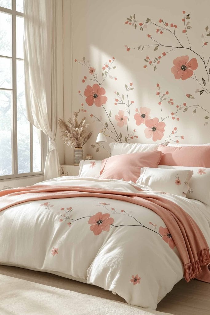 A soft, delicate bedroom featuring a white bedspread with blush pink and floral accents. The wall behind the bed is adorned with oversized peach flowers, matching the blush tones of the bed linen. The room has a light, airy feel, with natural light flooding through large windows, complementing the bohemian floral design.