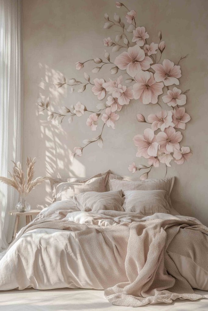 A serene bedroom with a soft, neutral color palette. The wall is adorned with a delicate blush pink floral mural, matching the light beige and cream linens on the bed. A light beige throw adds texture, while soft natural light casts gentle shadows, enhancing the room’s tranquil and peaceful feel.