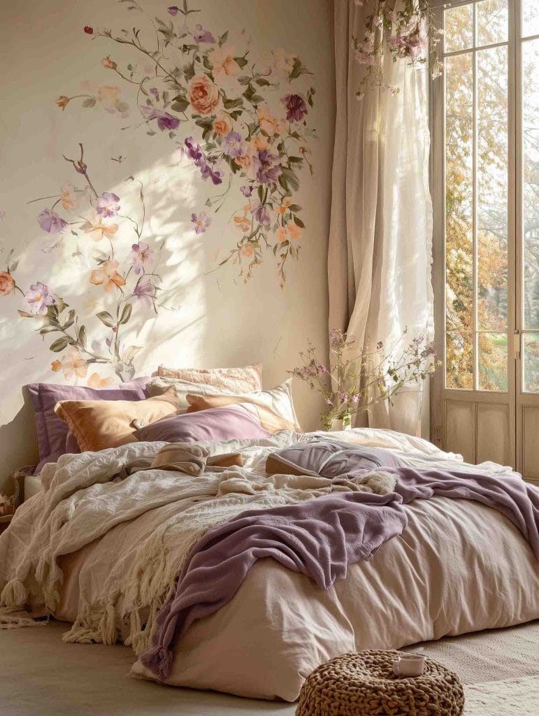 A dreamy bedroom filled with light purples and pinks, with a cozy bed featuring soft pillows and blankets in lavender, white, and beige tones. A pastel floral mural of roses and climbing flowers in purple, pink, and orange decorates the wall, enhancing the peaceful and feminine vibe of the room. Soft light from a large window gently illuminates the space, creating a warm, relaxed atmosphere.