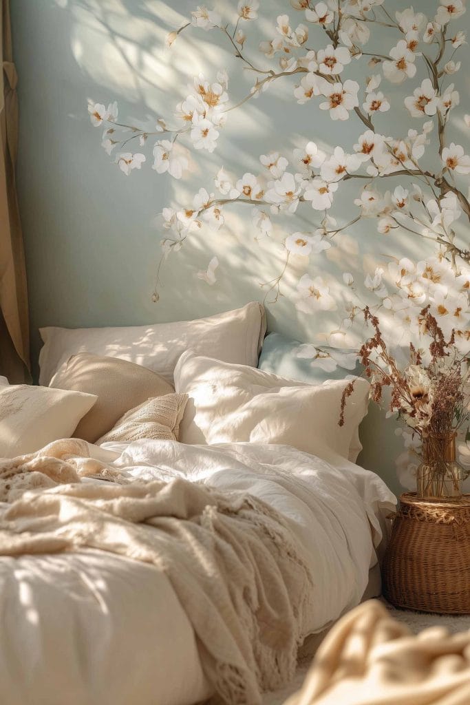 A peaceful bedroom with soft, neutral bedding and a backdrop of a stunning floral mural painted on the wall. The delicate white flowers with golden centers create a serene, natural atmosphere, enhanced by the dried floral arrangement placed beside the bed. The warm, natural light streaming through the window casts soft shadows on the mural, adding to the room's calming and ethereal vibe.