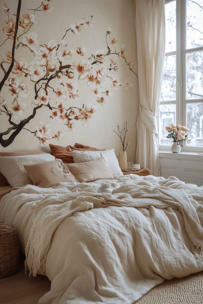 A warm and inviting bedroom with a beautiful cherry blossom mural on the wall. The neutral tones of the bedding, paired with soft oranges and creams, perfectly complement the mural. The room is filled with natural light from a large window, creating a cozy and serene ambiance with floral arrangements adding an extra touch of nature.