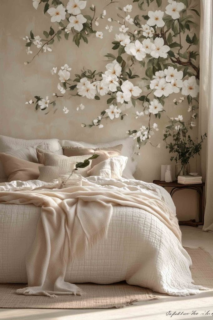 A minimalist bedroom with a mural of delicate white dogwood flowers blooming against a neutral beige wall. The bed is made with light cream bedding and soft throws, with a small side table holding green foliage, creating a natural and tranquil atmosphere.