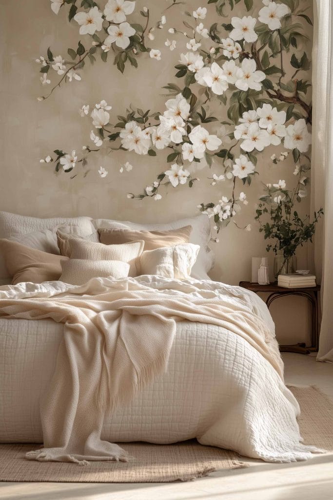 A rustic bedroom with an artistic wall mural of white flowers against a weathered green backdrop. The bed is covered with soft linens in blush pink and light beige tones, with matching pillows. Natural light pours through a nearby window with light curtains, casting a soft glow over the floral and bohemian decor, creating a warm, cozy atmosphere.