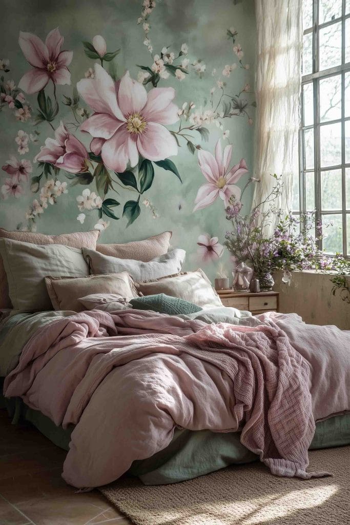 A boho-chic bedroom with a pastel floral mural in shades of pink and green, creating a fresh and dreamy ambiance. The bed is covered in soft pink and green bedding, with cozy blankets and pillows complementing the floral theme. A nearby window lets in soft natural light, enhancing the peaceful feel.