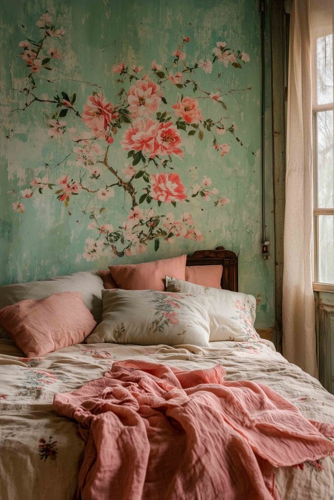 A bright and airy bedroom with a large, lush mural of roses in pink, red, and white hues, creating a garden-like atmosphere. The bed is covered in white linens and decorated with blush pink and cream pillows, with a red throw blanket adding a pop of color. The soft natural light enhances the floral mural, giving the room a dreamy, romantic vibe.