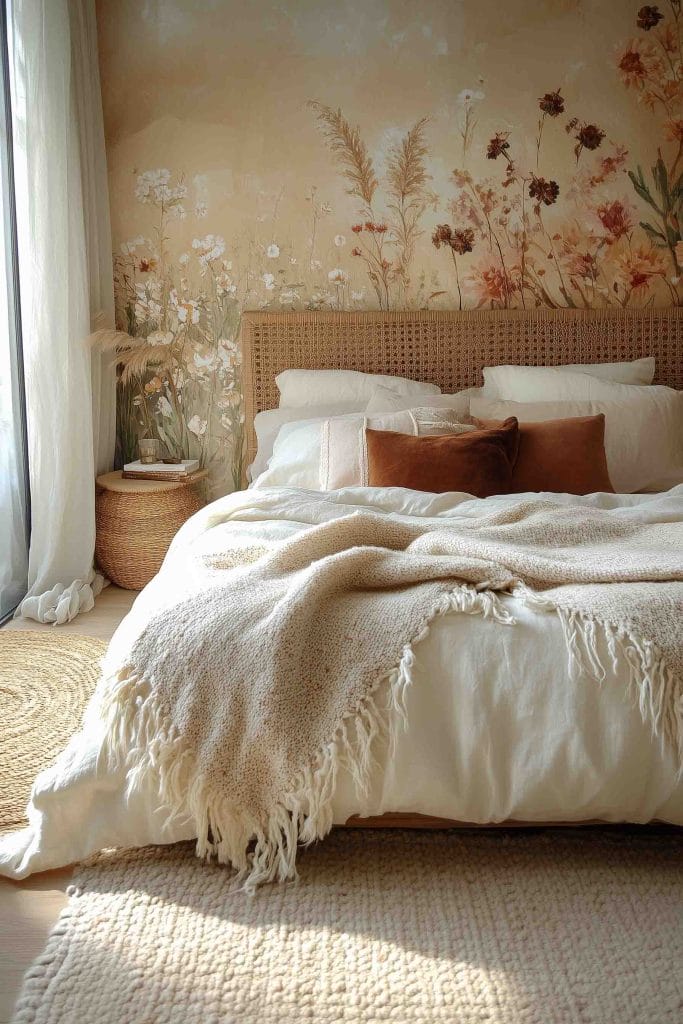 A warm, nature-inspired bedroom with a mural of wildflowers and grasses in shades of brown and beige. The bed is dressed in simple white bedding with a textured throw, and a wicker headboard adds a rustic touch. The neutral tones throughout the room create a calming, earthy retreat.