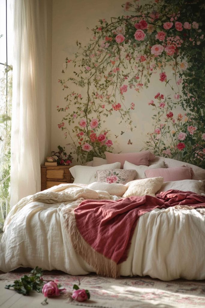 A calming bedroom featuring a floral mural of purple blossoms cascading along the wall, blending beautifully with the neutral and lavender bedding. The bed is adorned with soft pillows and a cozy pink throw blanket, adding to the tranquil, bohemian-inspired decor. Natural light streams through light, airy curtains, complementing the organic aesthetic of the space