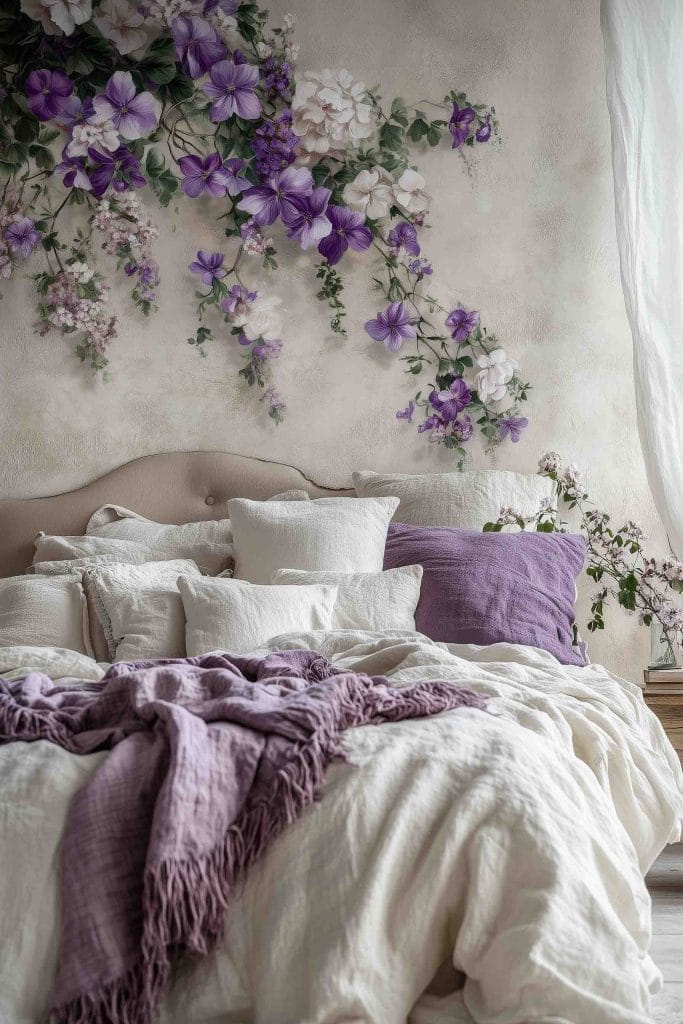 A tranquil bedroom with a mural of purple and white flowers cascading across the wall above the bed. The bed is dressed in white and lavender bedding, with textured throws, creating a soft and inviting space. The delicate floral mural adds an artistic and serene element to the room