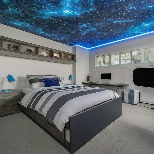 Bedroom with starry night ceiling, sleek gray bed, and minimalist decor.