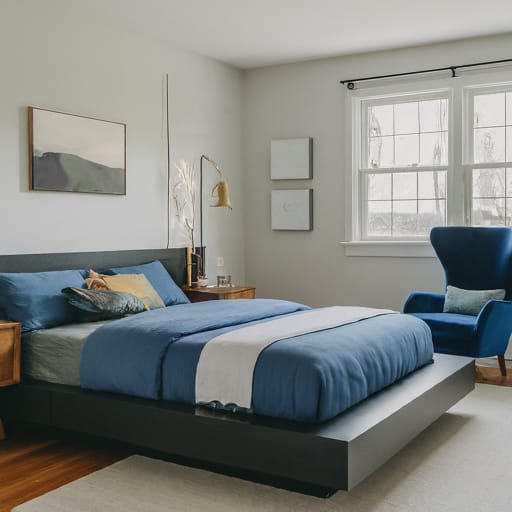 Bedroom with low-profile bed, neutral tones, and blue accents.