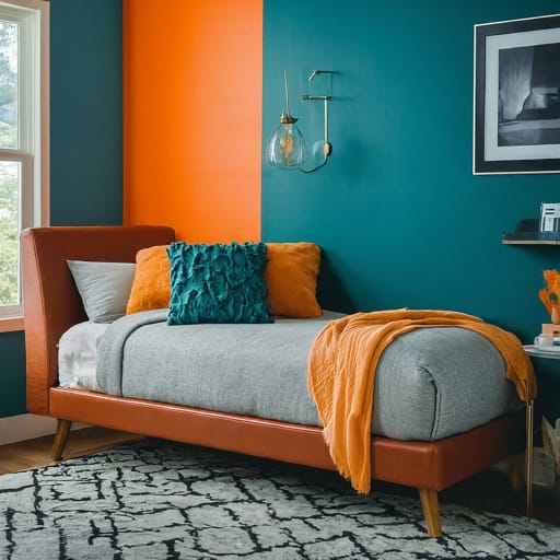 Bedroom with bold orange accent wall, teal and gray decor, and modern furnishings.