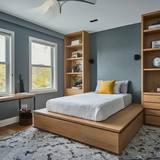 Minimalist bedroom with a wooden platform bed and built-in shelving.