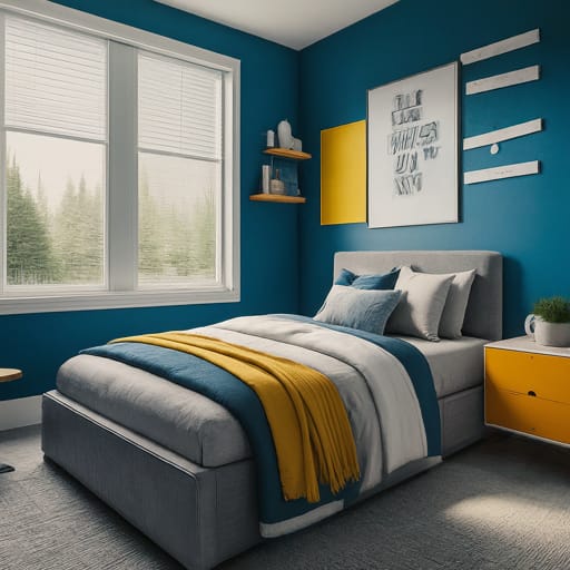 Modern bedroom with blue walls, yellow throw, and grey bed.